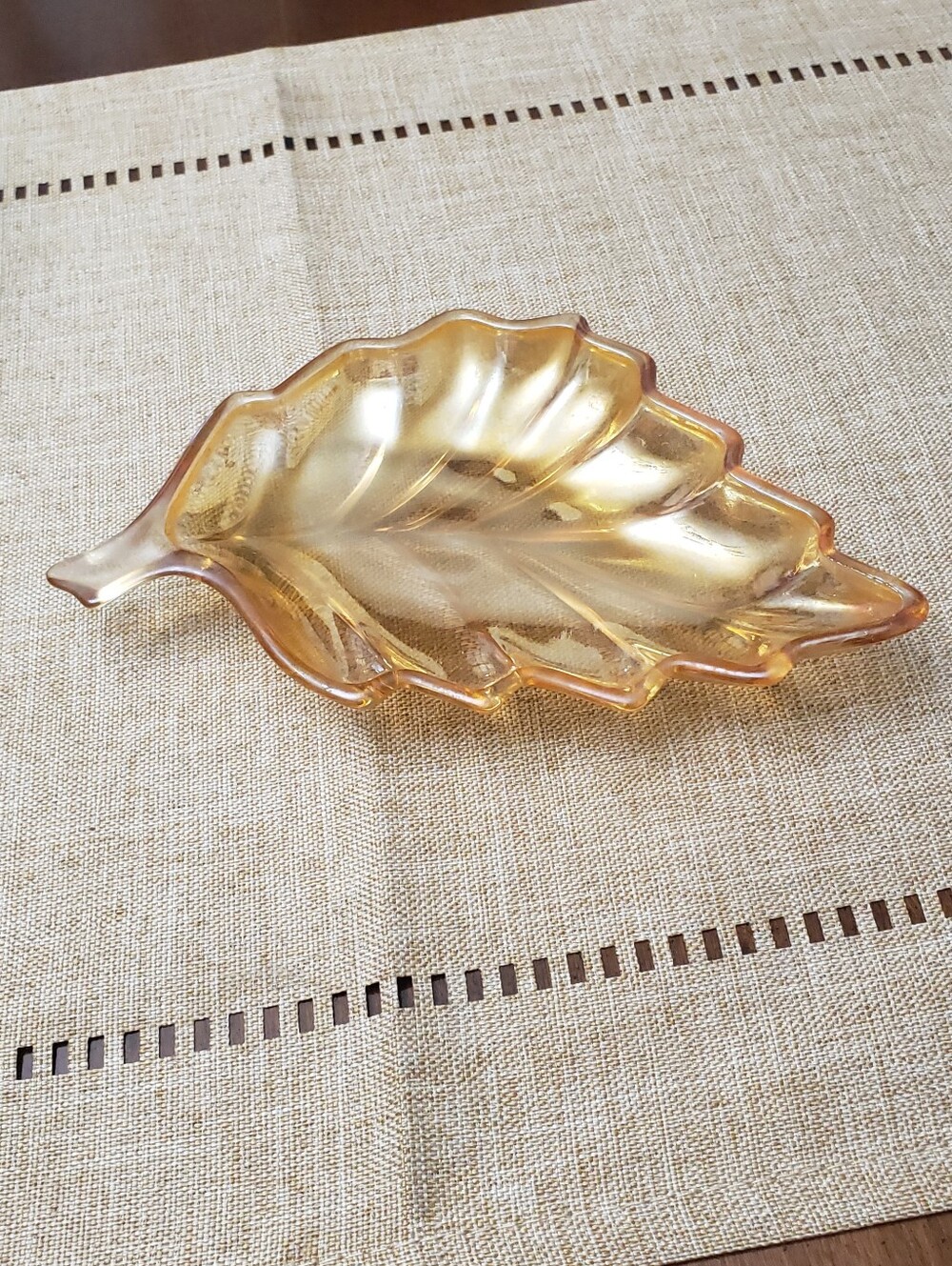 Vintage Marigold Iridescent Carnival Glass Leaf Trinket Candy Dish